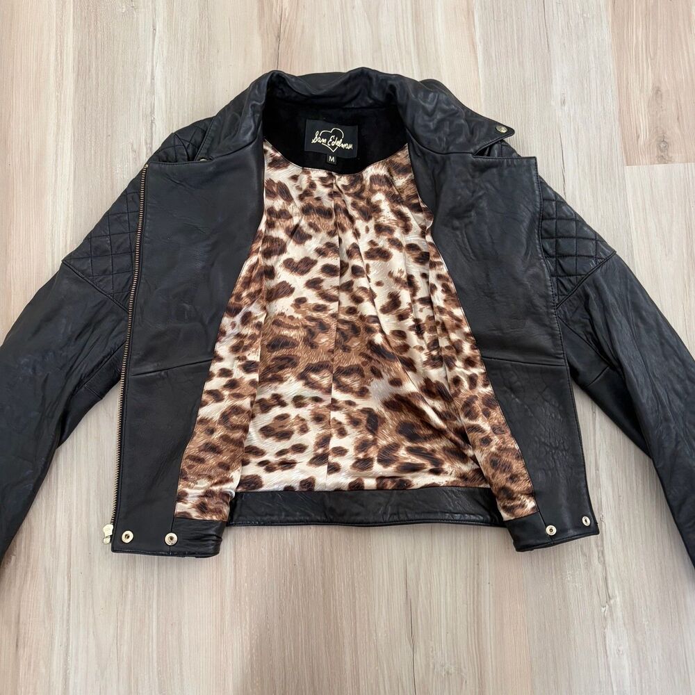 SAM EDELMAN Womans Black Leather Moto Jacket Gold Zipper Coat Jacket Size Medium - Picture 3 of 9
